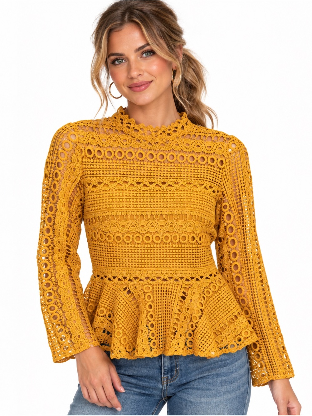Endless Rose Mustard Crochet Lace Peplum Top Size M Boho Chic Romantic Victorian
